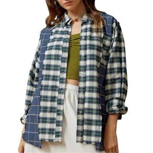 BDG Spliced Dad Patchwork Plaid Shirt Oversized Raw Hem Size S
